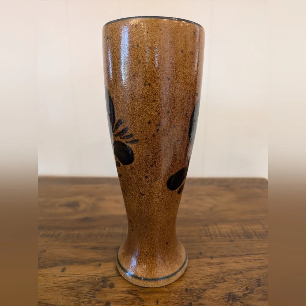Vintage Stoneware Pottery Vase Blue Flower Decorated Vase 9.5” Tall